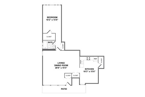 Floor plan for 1 bed, 1 bath, 925 sqft